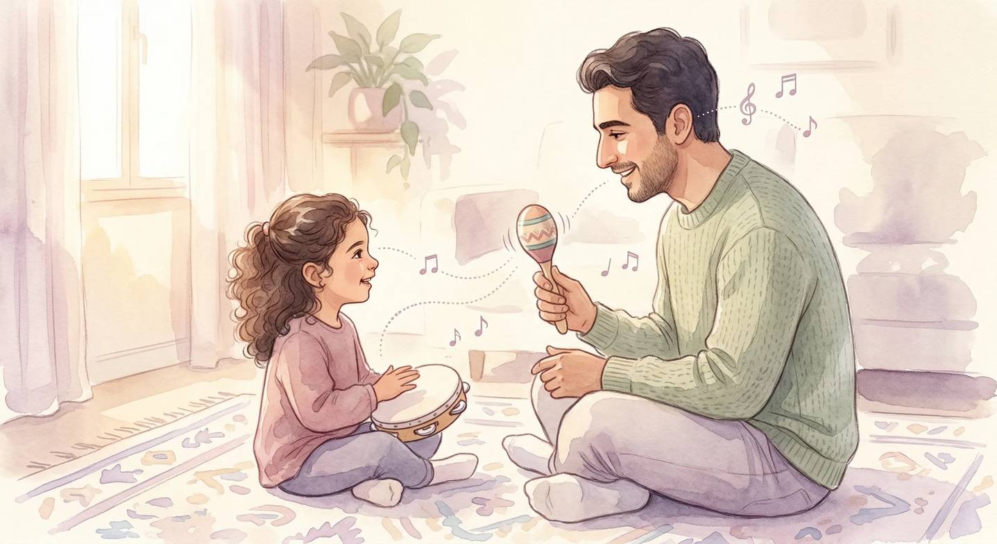 Baba ve kızı birlikte müzik yapıyor, ritim tutuyorlar.