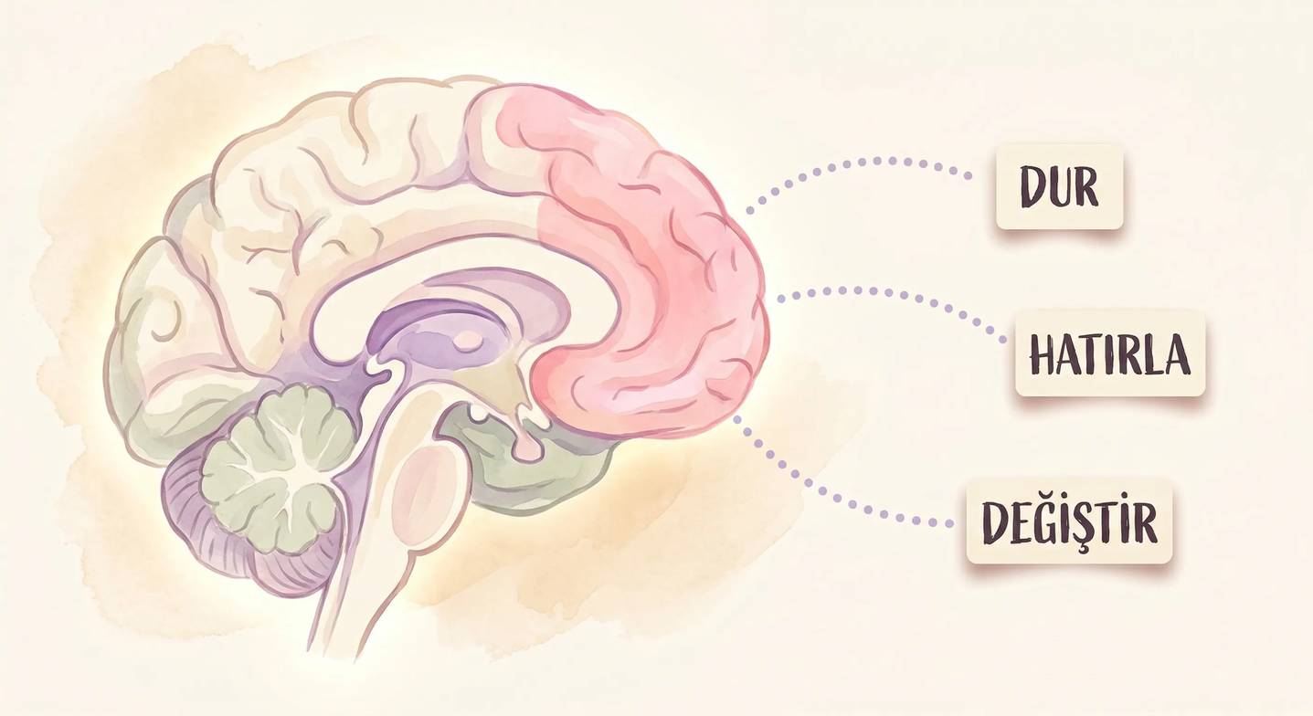 Beynin ön lobu ve yürütücü işlevlerin üç temel bileşenini gösteren kavramsal bir çizim.