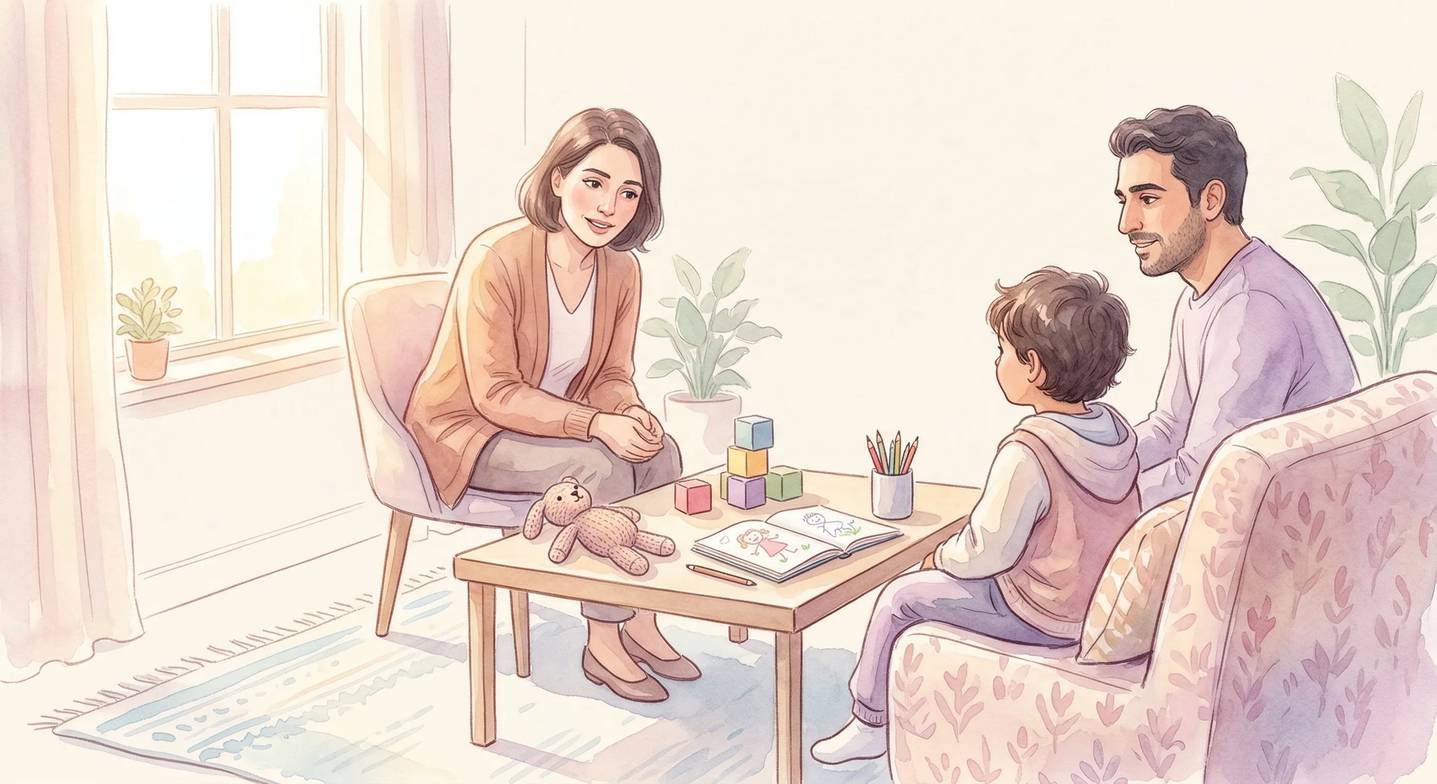 Bir çocuk psikoloğu, bir çocuk ve ebeveyni ile görüşme yapıyor.