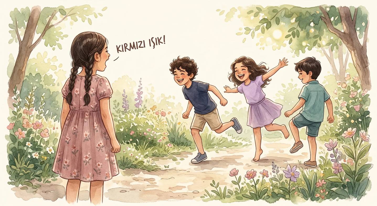 Çocuklar bahçede Kırmızı Işık-Yeşil Işık oynuyor.