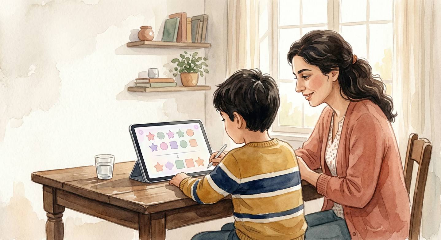 DEHB veya ASD tanılı bir çocuk, bir eğitim asistanı eşliğinde bilgisayarlı bir dikkat eğitimi oyunu oynuyor.