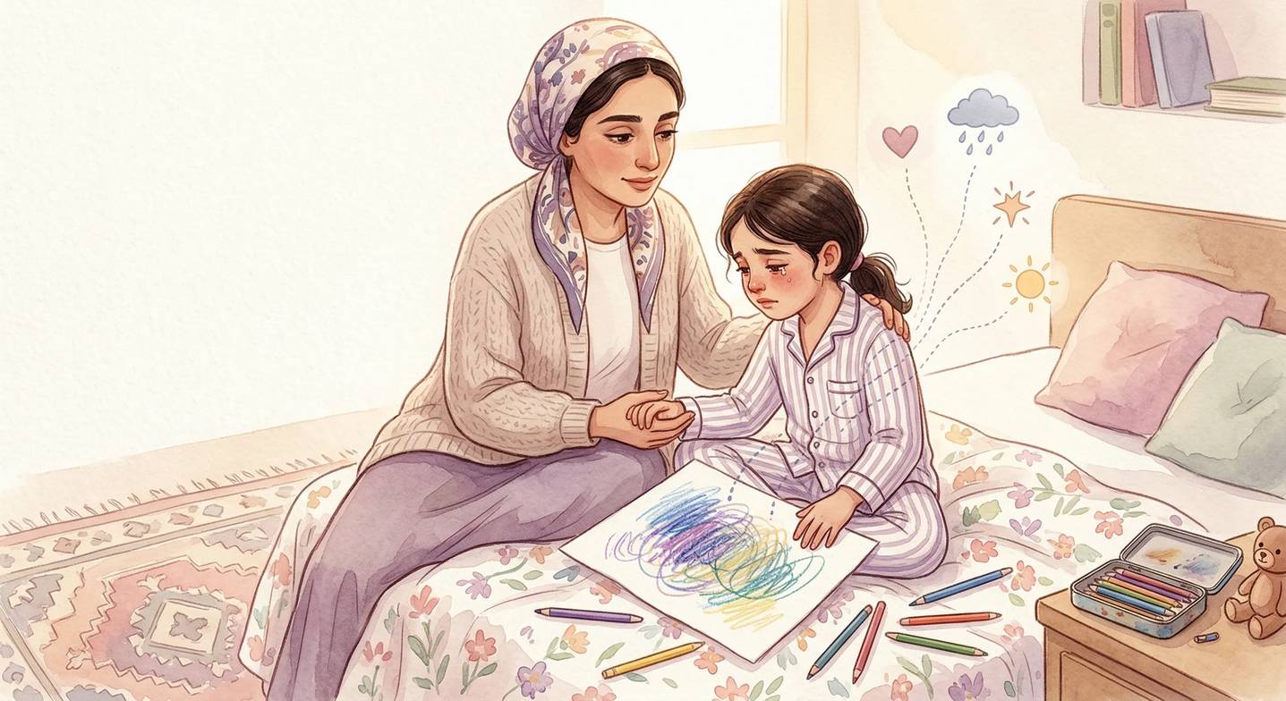 Öfke nöbeti sonrası, anne çocuğuyla sakin bir şekilde oturuyor, çocuk duygularını çizerek ifade ediyor.