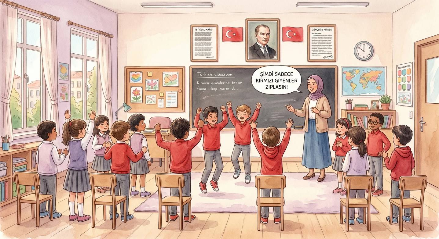 Sınıfta, öğretmen liderliğinde bilişsel görev içeren kısa bir aktif mola yapılıyor.