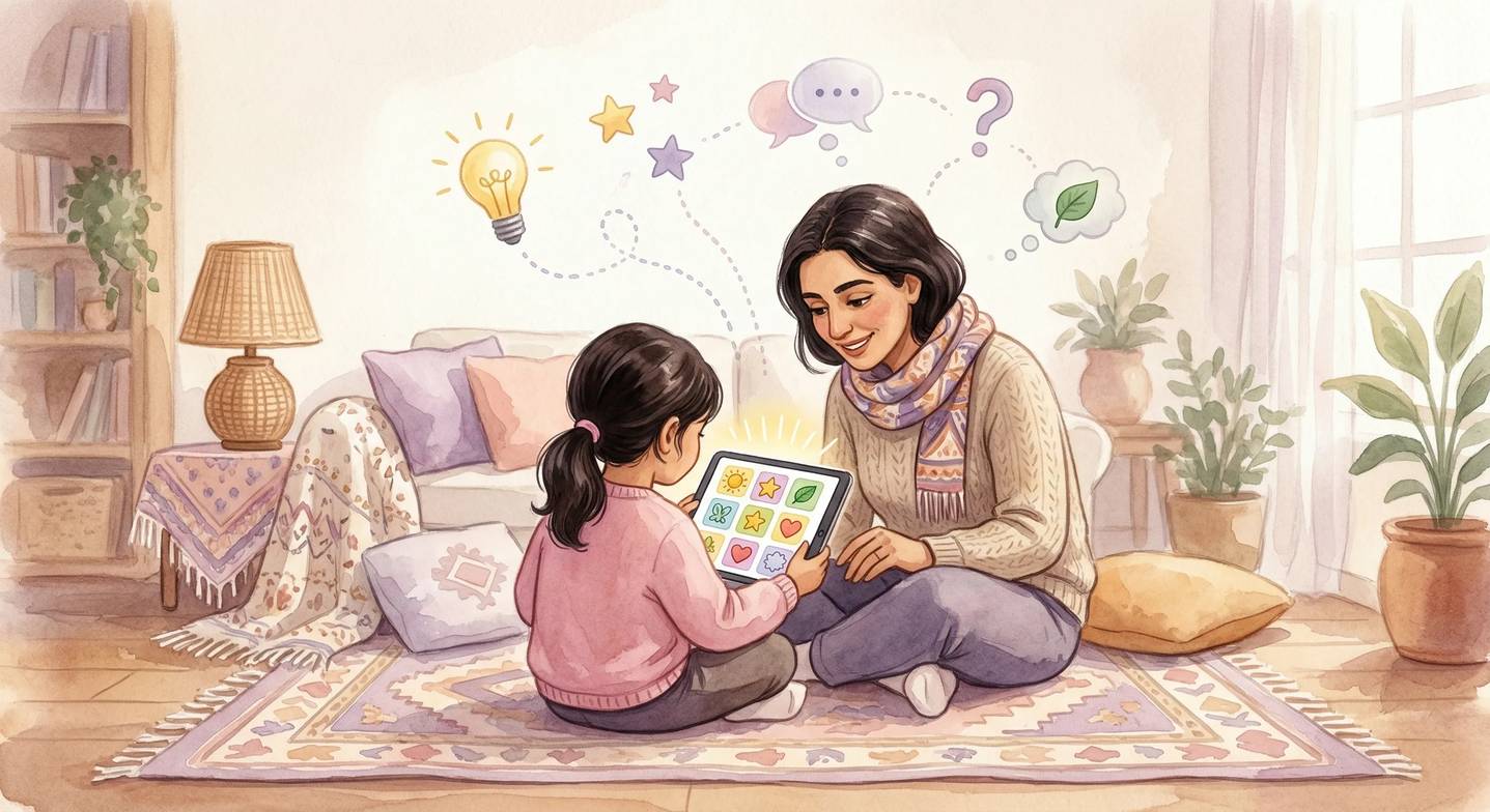 Çocuk, bir yetişkinin gözetiminde tablette hafıza geliştirici bir oyun oynuyor.