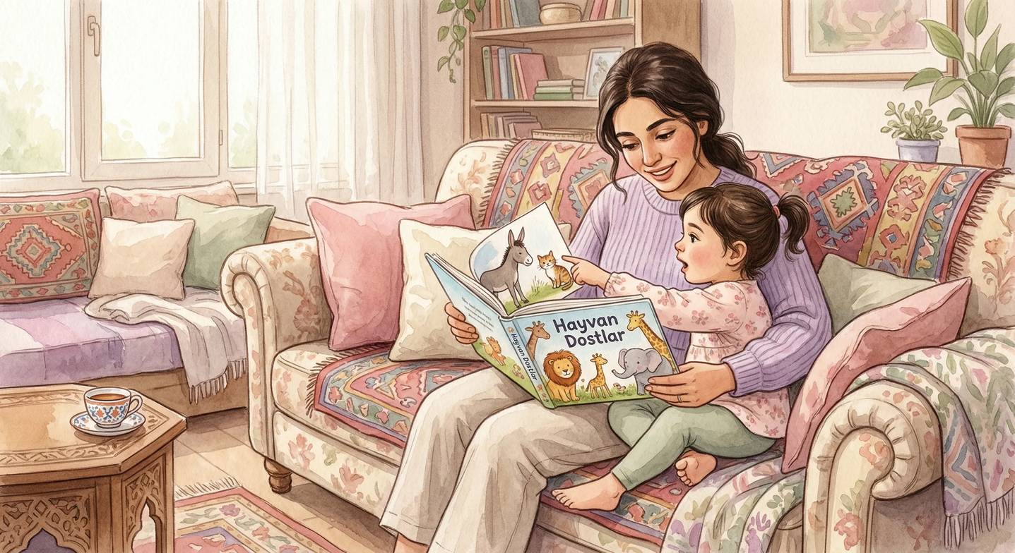 Ebeveyn ve çocuk birlikte kitap okuyor.