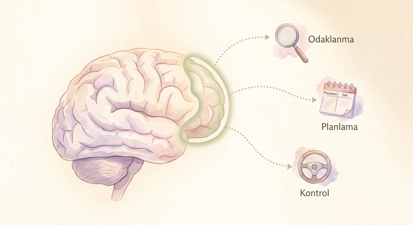 Yürütücü işlevlerin beyindeki merkezi olan prefrontal korteksin illüstrasyonu.