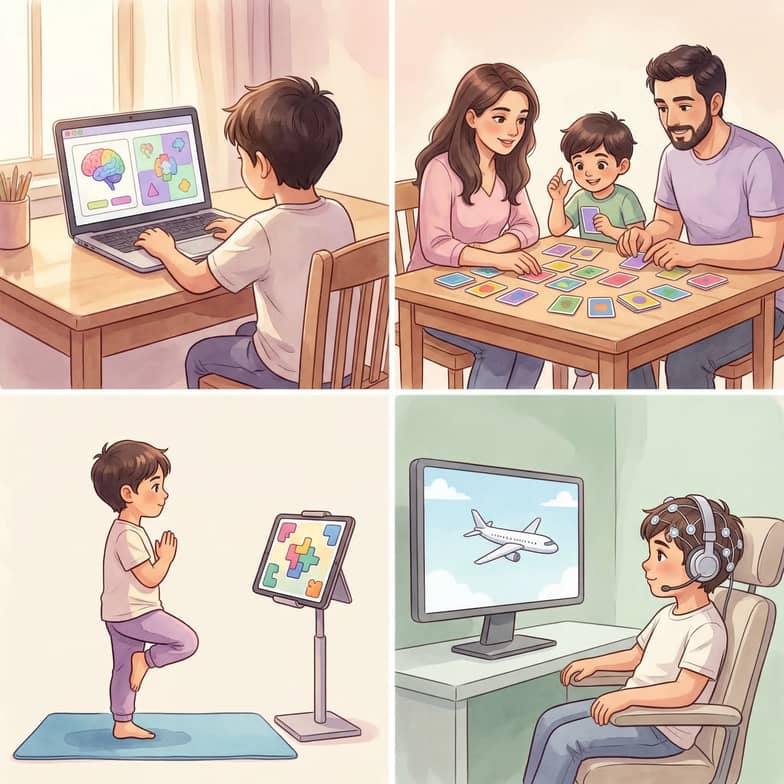 Dikkat setleri bilgisayar tabanlı, fiziksel kart oyunları, fiziksel-bilişsel entegre programlar ve nörofeedback olmak üzere dört ana kategoride karşımıza çıkar — her birinin güçlü ve zayıf yönleri farklıdır.