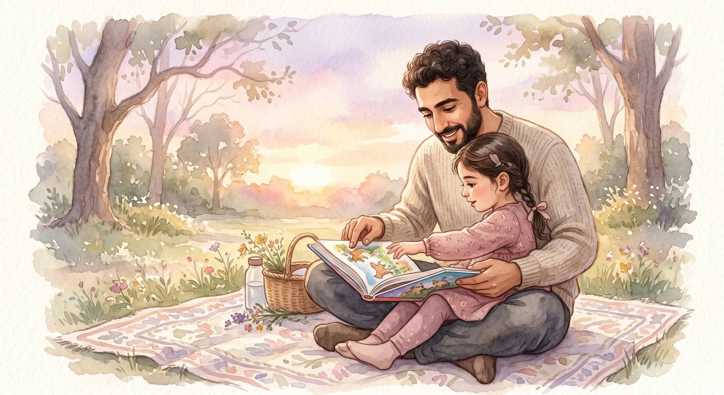 Baba ve çocuk parkta birlikte kitap okuyor