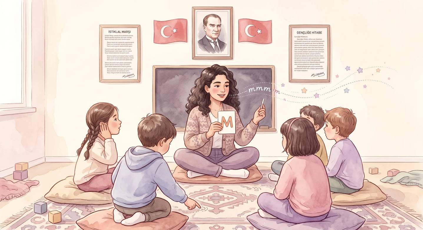 Öğretmen anaokulunda harf sesi öğretiyor, bir çocuk odaklanmış, diğeri dalgın