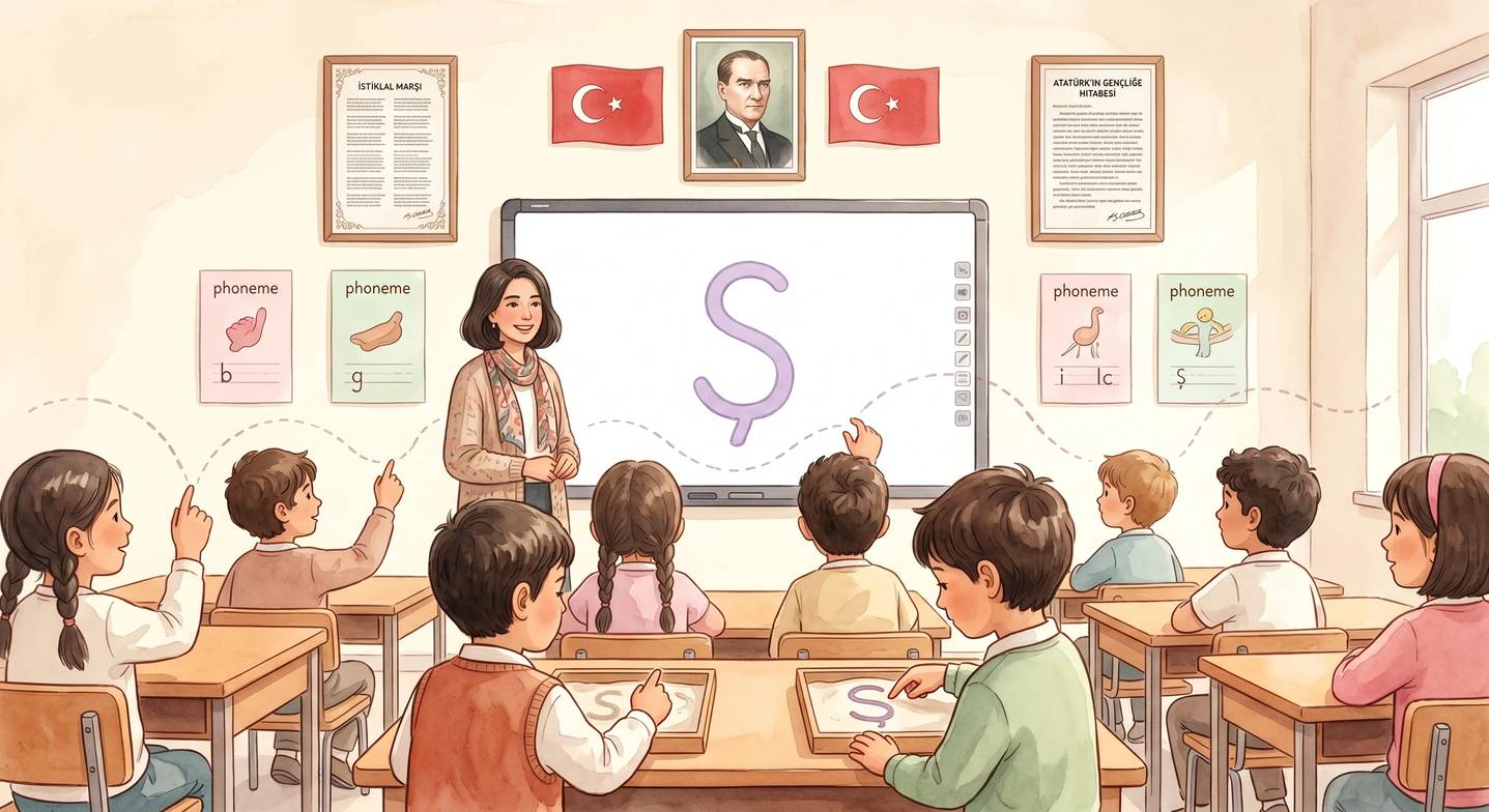 Sınıfta çoklu duyusal ses öğretimi; çocuklar havaya ve kuma harf yazıyor