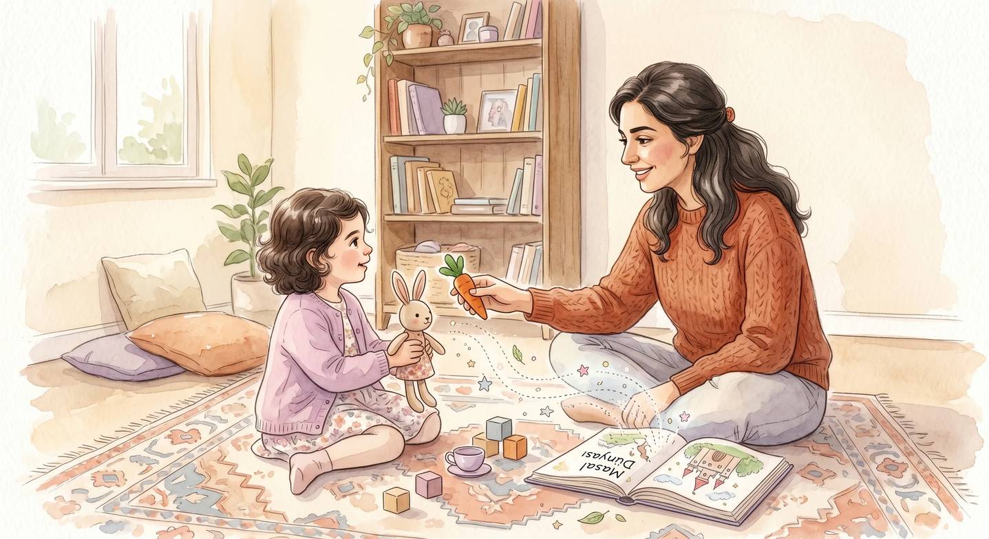 Anne ve çocuğu kitap sonrası rehberli oyun oynuyor