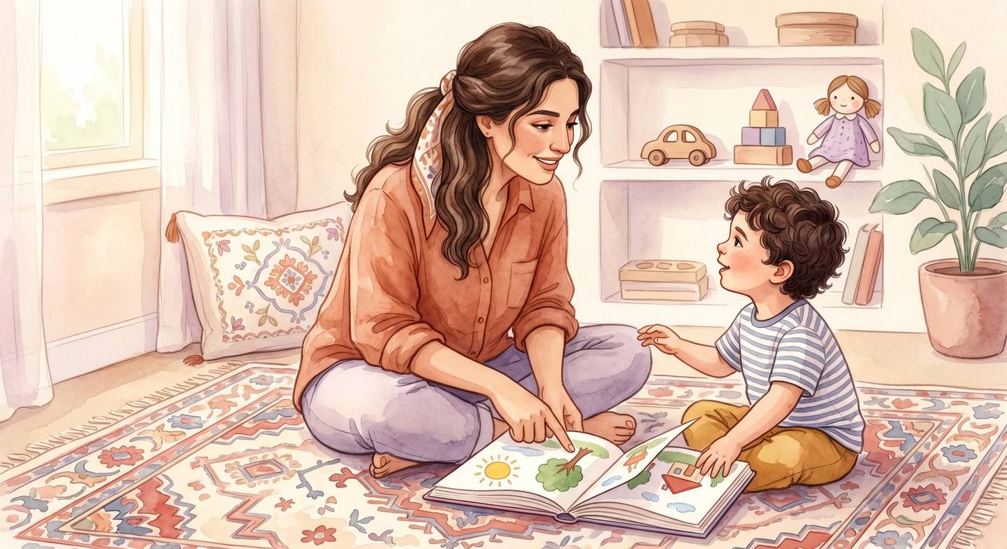 Anne ve çocuğu kitap üzerine konuşarak okuma yapıyor