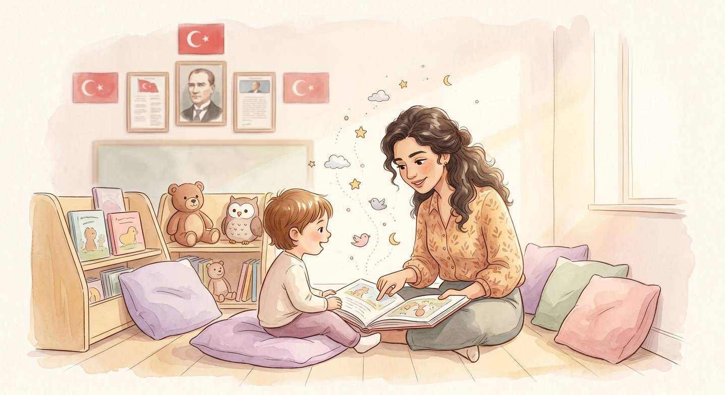 Öğretmen çocukla birebir diyalojik okuma yapıyor