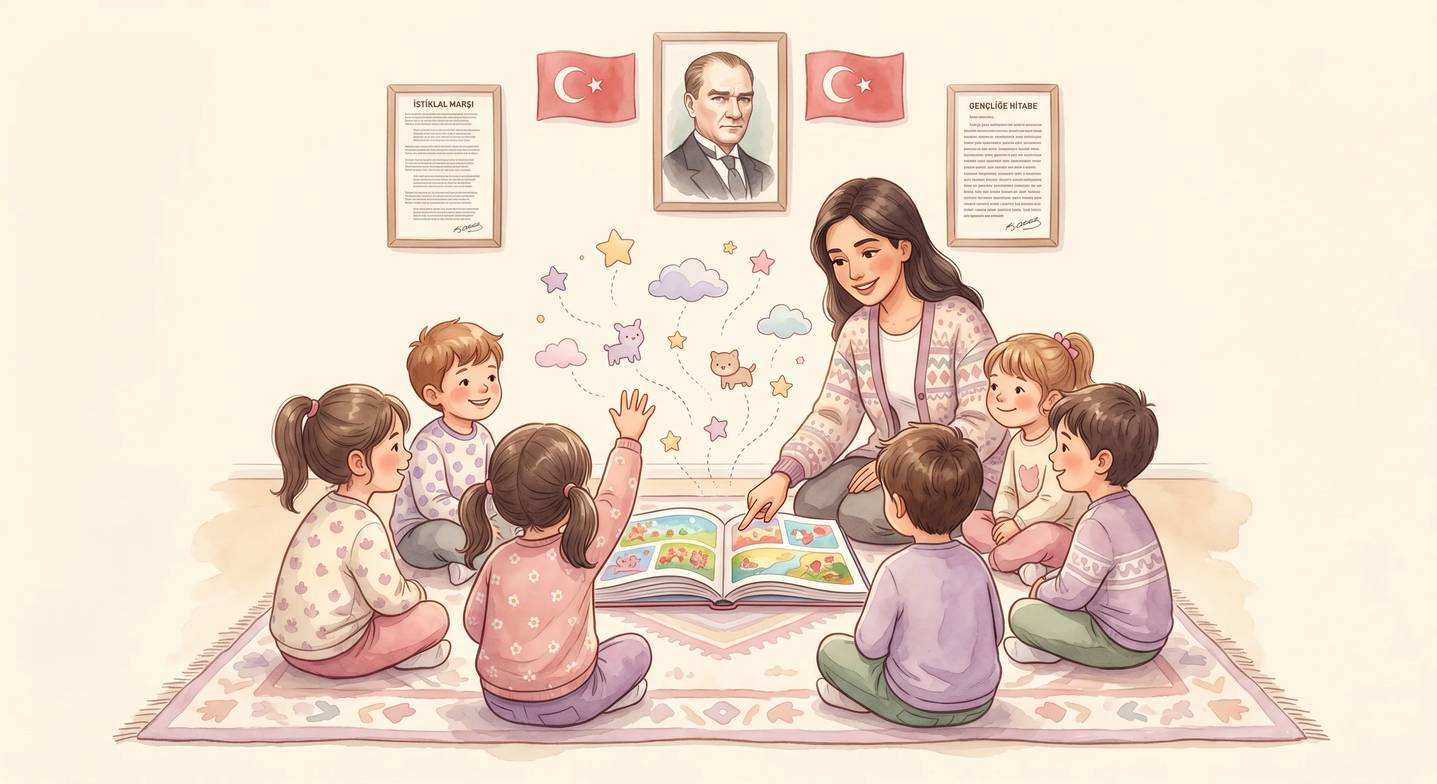 Öğretmen çocuklarla diyalojik okuma yapıyor