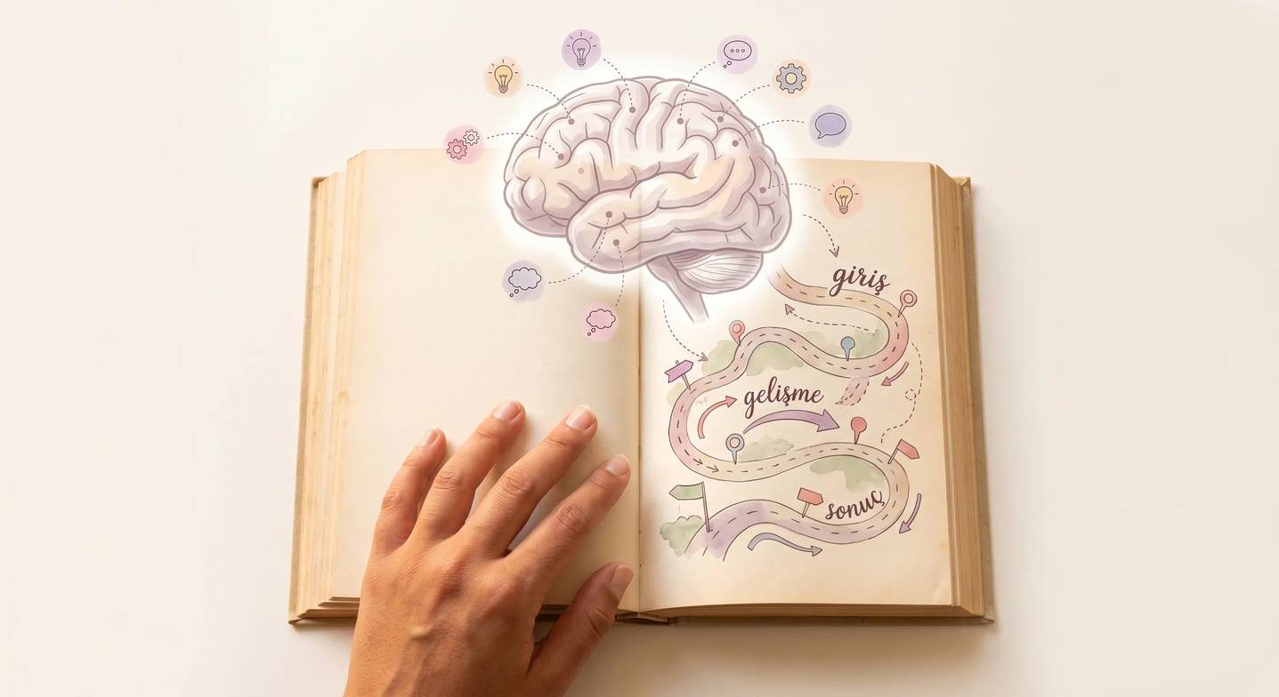 Basılı kitap okurken zihinsel haritalama sürecini gösteren illüstrasyon