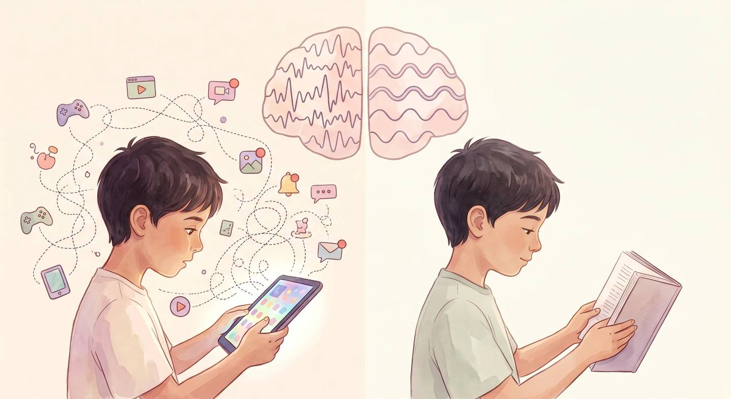Bir çocuk tablet ve basılı kitap okurken iki farklı senaryoda gösteriliyor