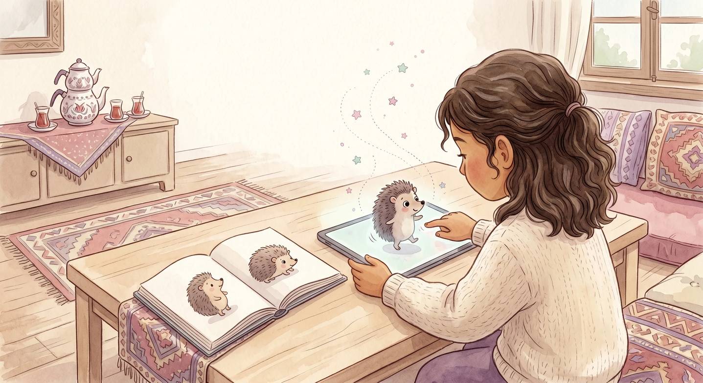 Etkileşimli dijital kitap okuyan bir çocuk