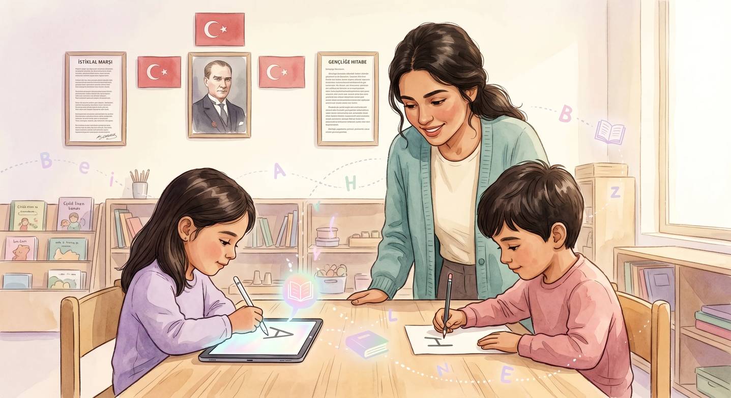 Anaokulunda bir çocuk tabletle, diğeri kâğıt-kalemle harf yazıyor