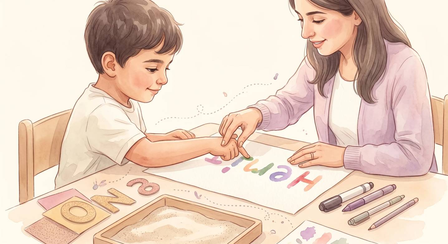 Bir uzman, çoklu duyusal yöntemlerle çocuğa harf yazmayı öğretiyor