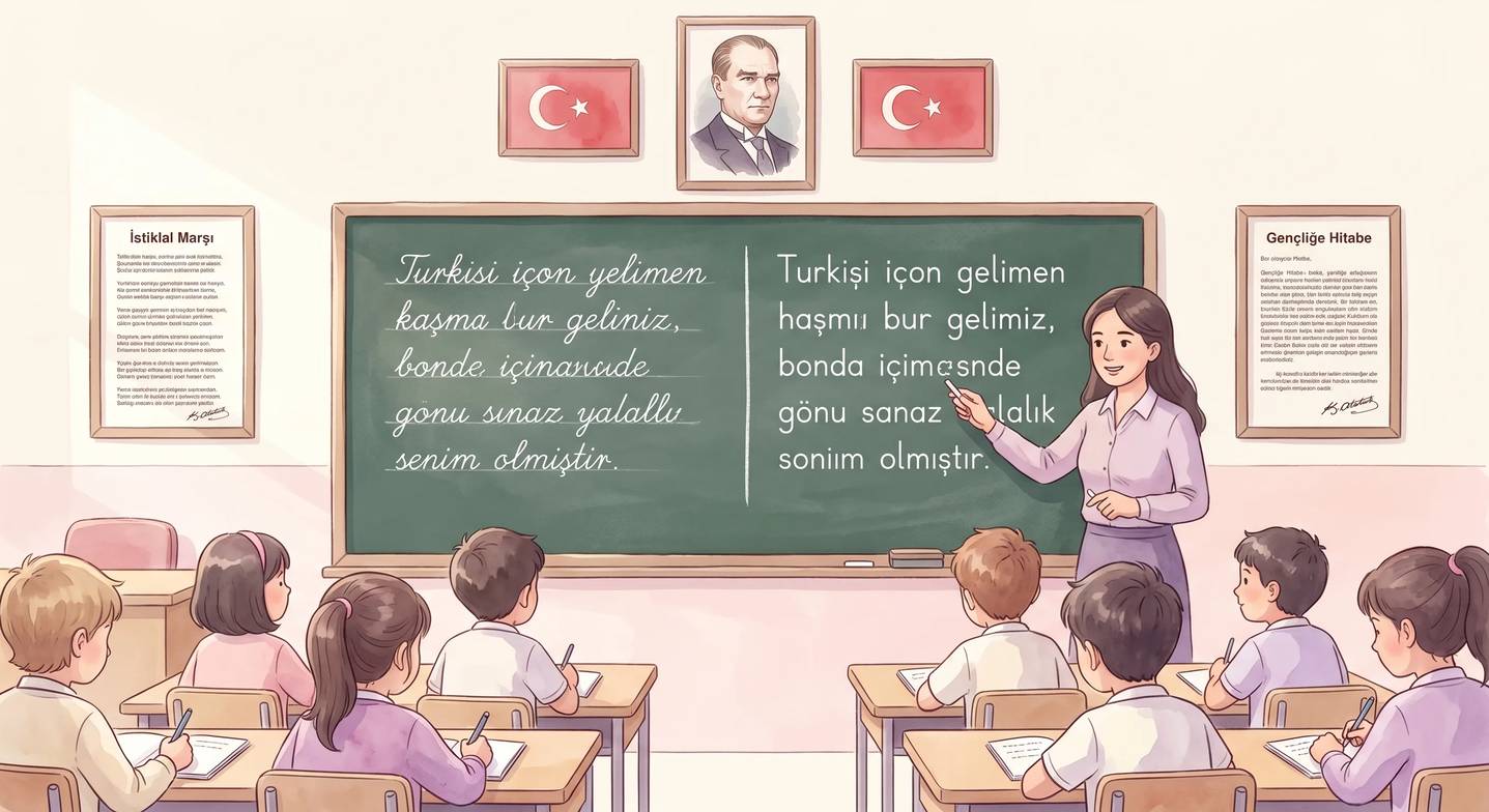 Öğretmen tahtada bitişik eğik ve dik temel yazı örneklerini karşılaştırıyor