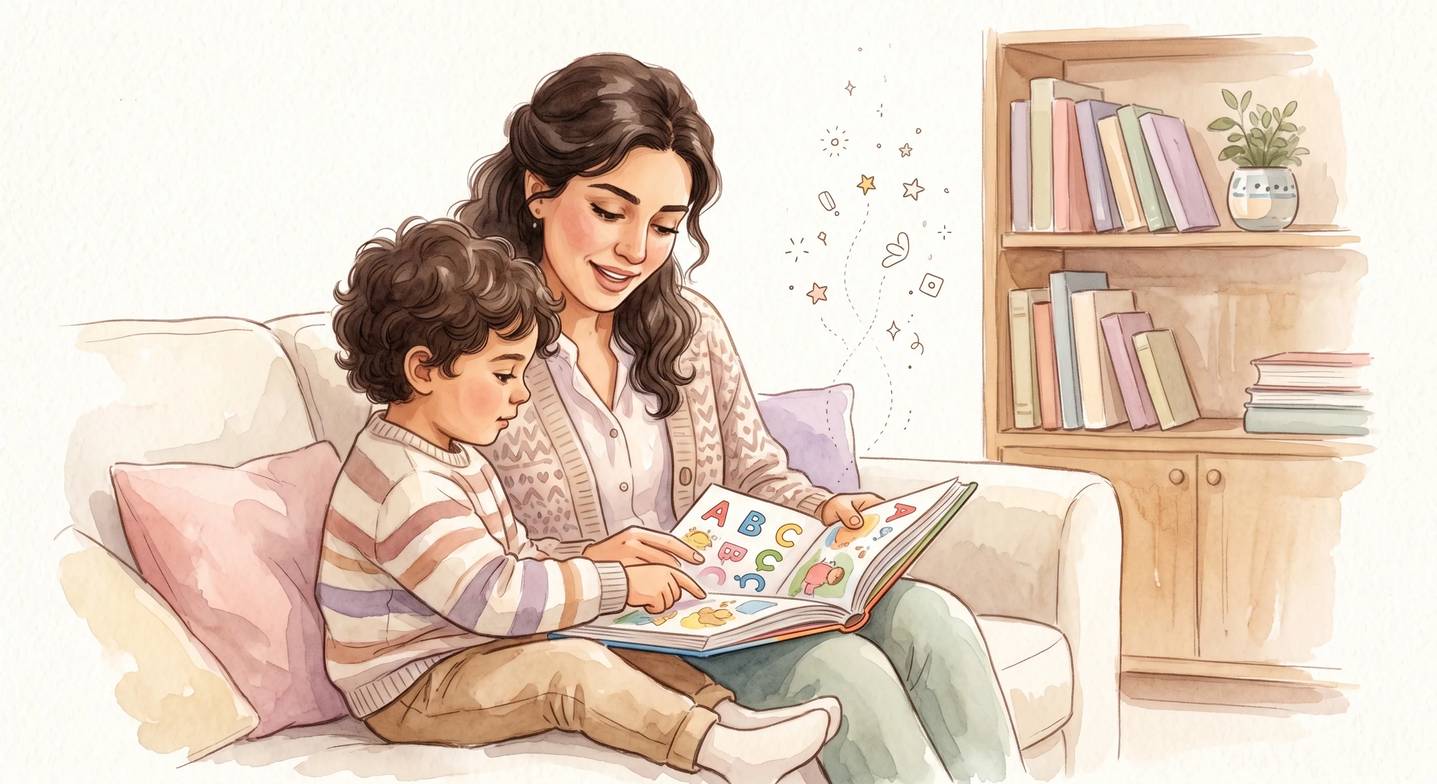 Anne ve çocuk birlikte kitap okuyor, çocuk parmağıyla yazıyı takip ediyor