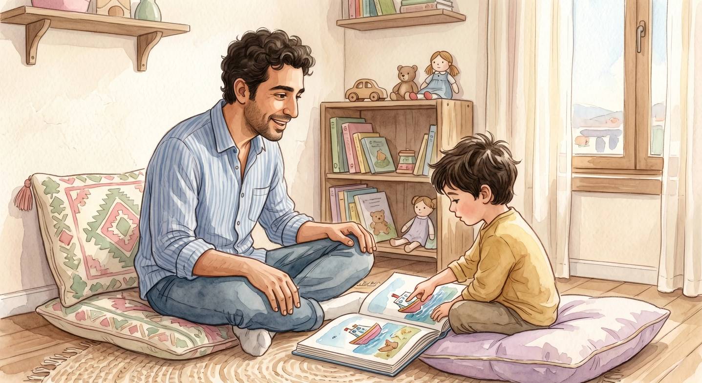 Baba ve çocuk yerde oturmuş birlikte kitap okuyor