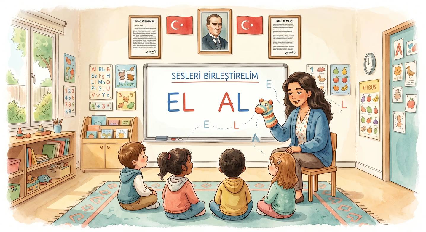 Öğretmen sınıfta çocuklara fonolojik farkındalık etkinliği yapıyor