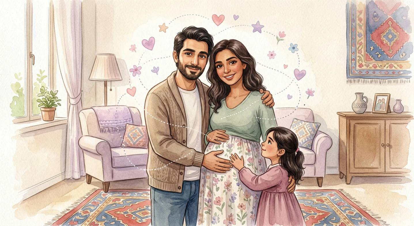 Anne, baba ve büyük çocuk, annenin karnına dokunarak yeni bebeğin gelişini kutluyor.