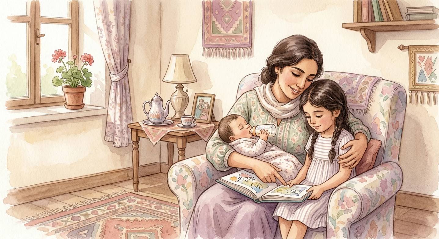 Anne, bebeği beslerken aynı anda büyük çocukla ilgileniyor.