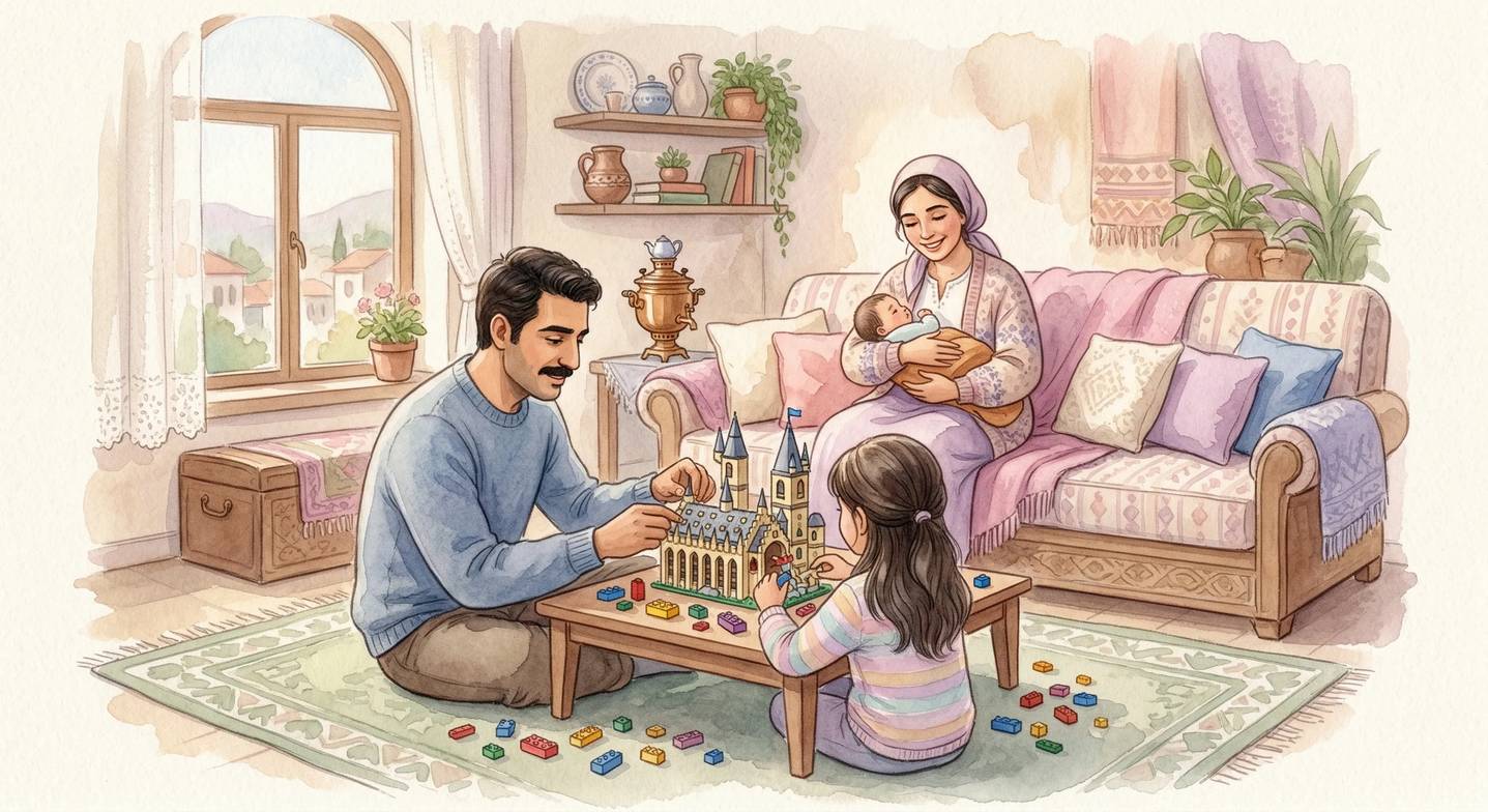 Baba büyük çocukla oynarken, anne bebekle ilgileniyor; aile uyumu gözleniyor.