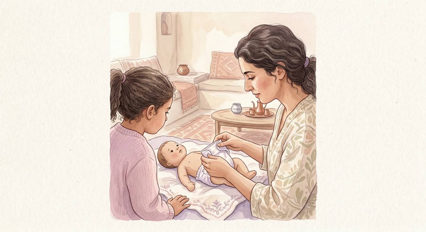 Büyük çocuk, bir oyuncak bebekle 'bebek bakımı' pratiği yapıyor.