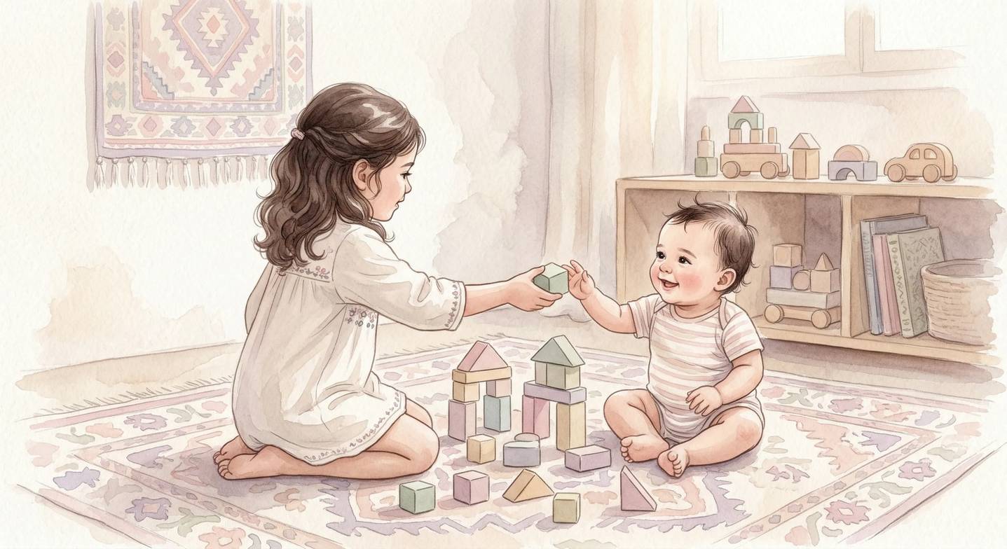 Büyük ve küçük kardeş, birlikte barış içinde oynuyor.