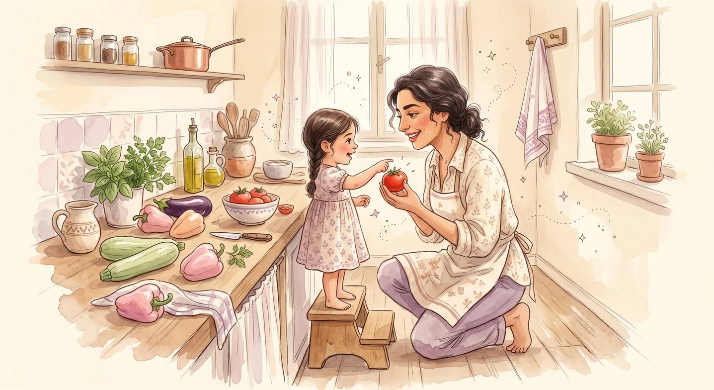 Anne ve küçük çocuk mutfakta karşılıklı konuşarak yemek yapıyor