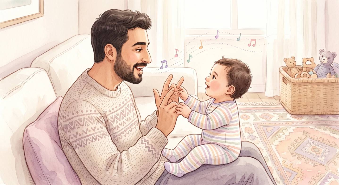 Baba kucağındaki bebeğe şarkı söyleyerek etkileşim kuruyor