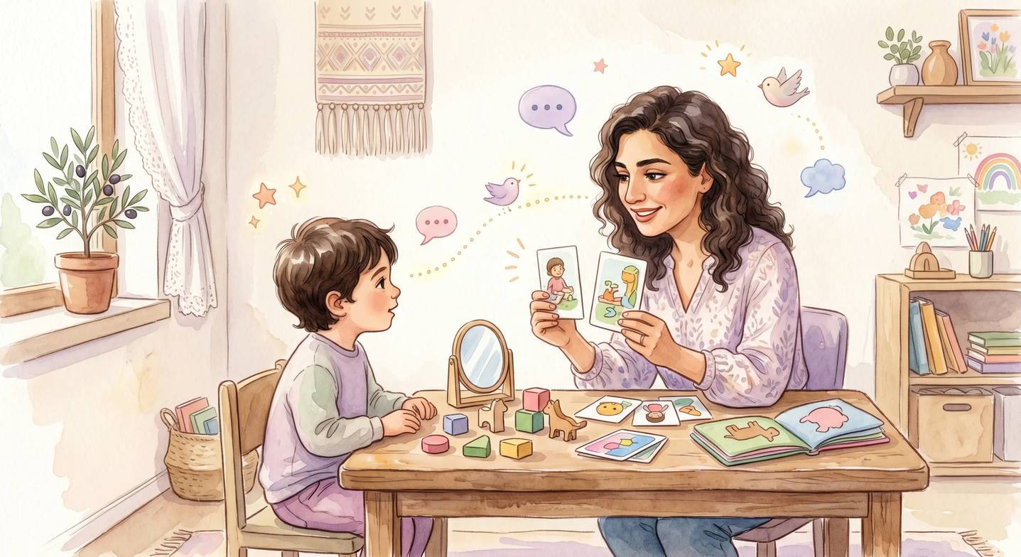 Dil terapisti klinikte çocukla değerlendirme yapıyor