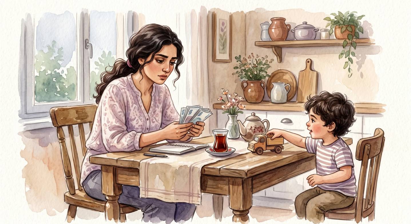 Finansal kaygılar içindeki bir anne ve yanında dikkat çekmeye çalışan küçük çocuğu