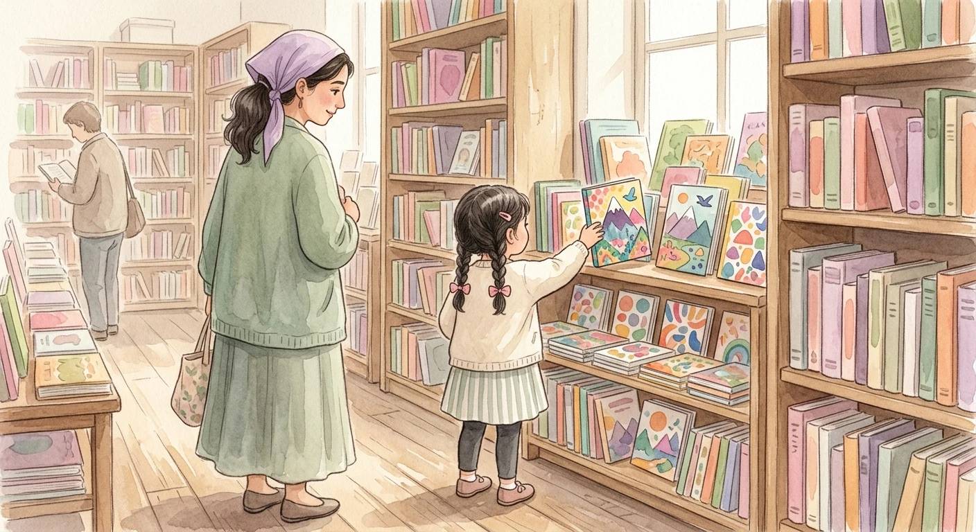 Çocuk kitapçıda kitap seçiyor.