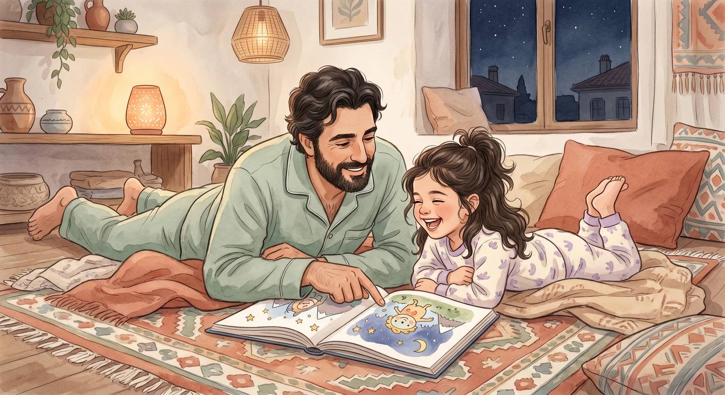 Baba ve kızı gece vakti birlikte kitap okuyor ve sohbet ediyor
