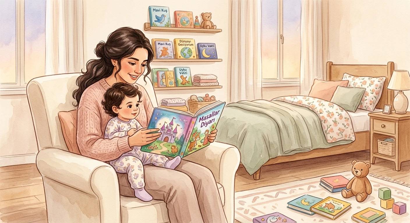 Anne çocuğuna kitap okuyor.