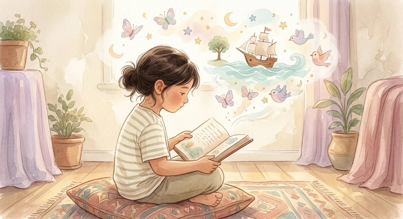 Çocuk kitapla hayal dünyasına dalıyor.