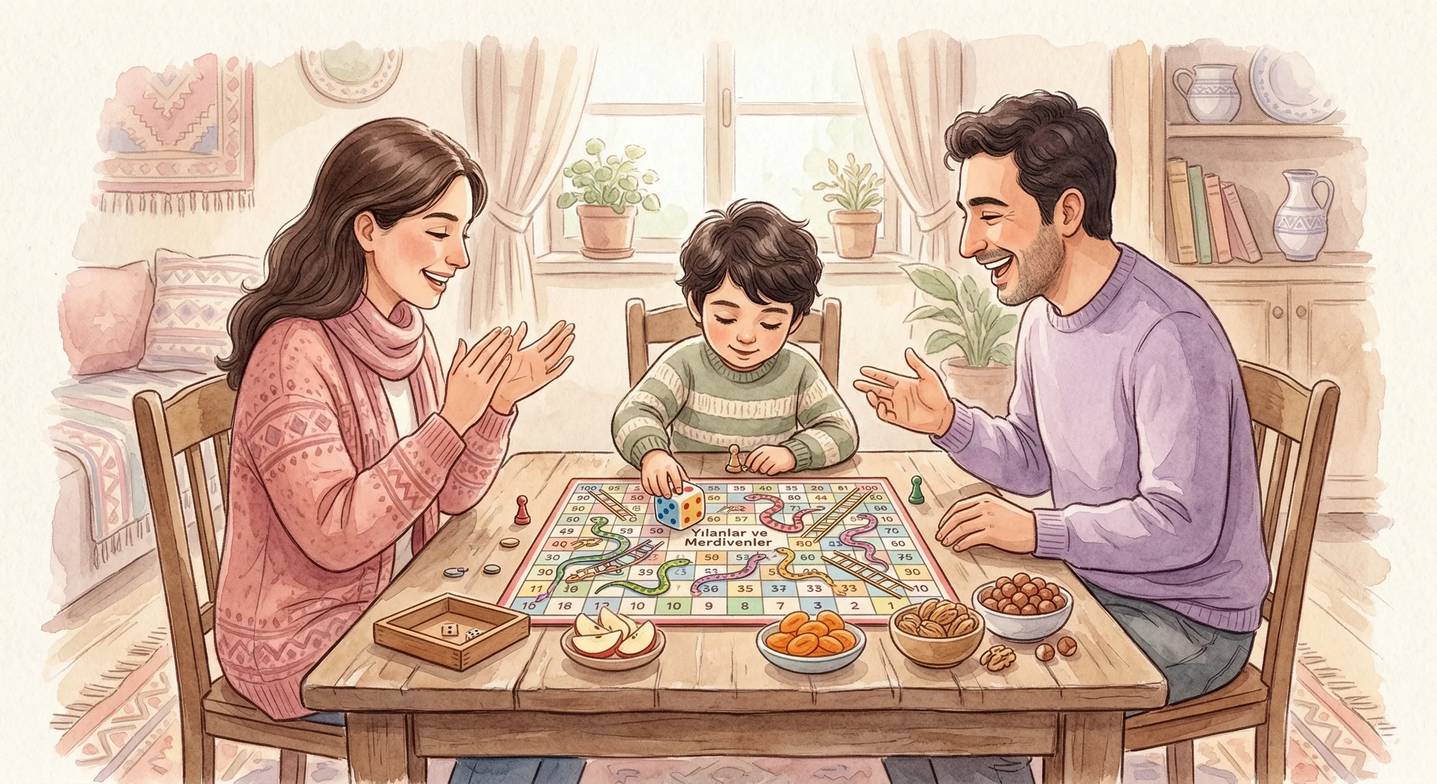 Bir ailenin birlikte geleneksel bir masa oyunu oynaması.