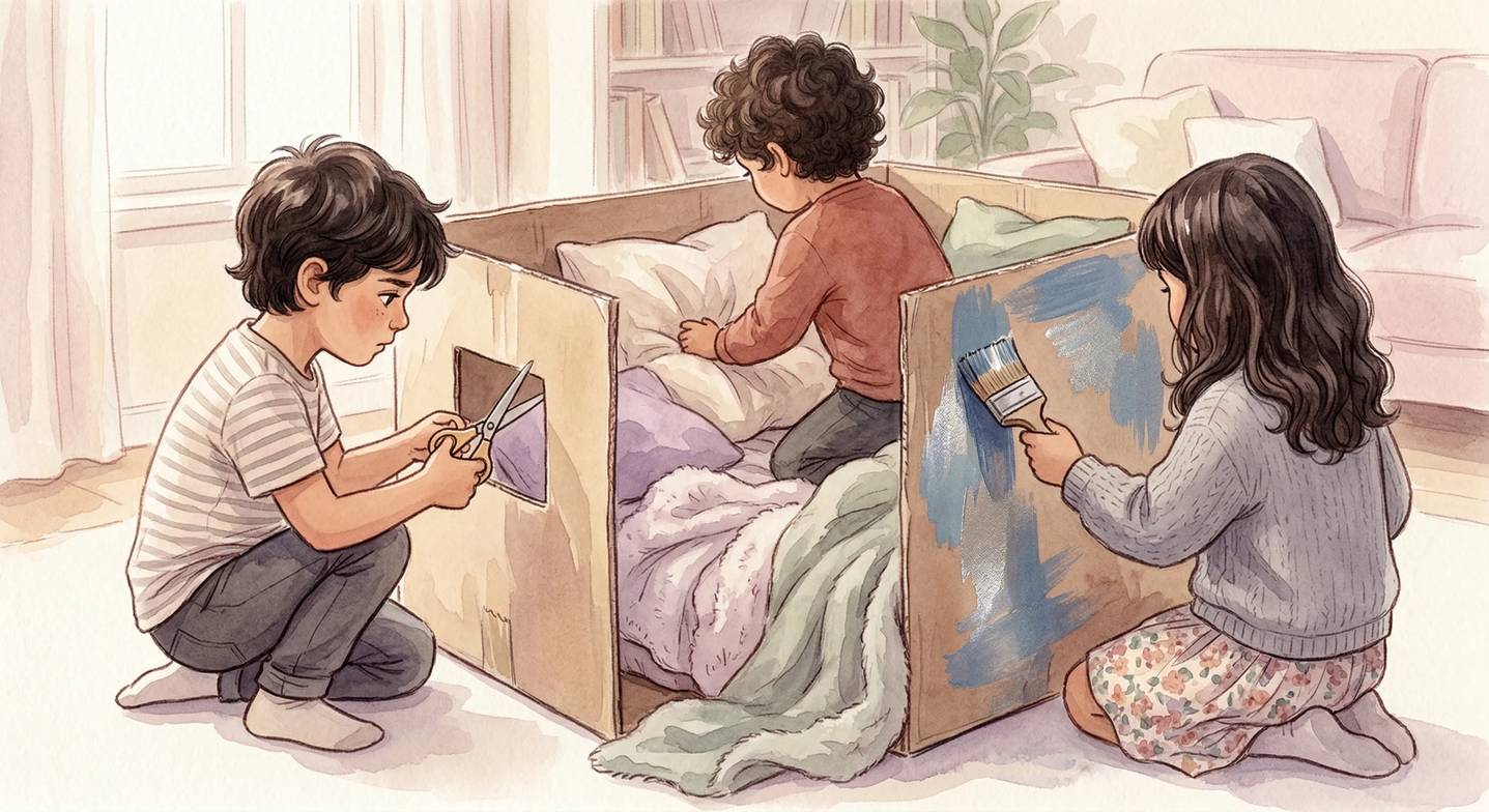 Bir grup çocuğun büyük bir karton kutudan birlikte bir oyuncak (uzay gemisi) yapması.