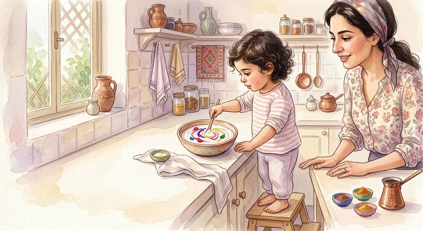 Küçük bir çocuğun güvenli bir mutfak aktivitesiyle (yoğurdu renklendirme) duyusal oyun deneyimi.