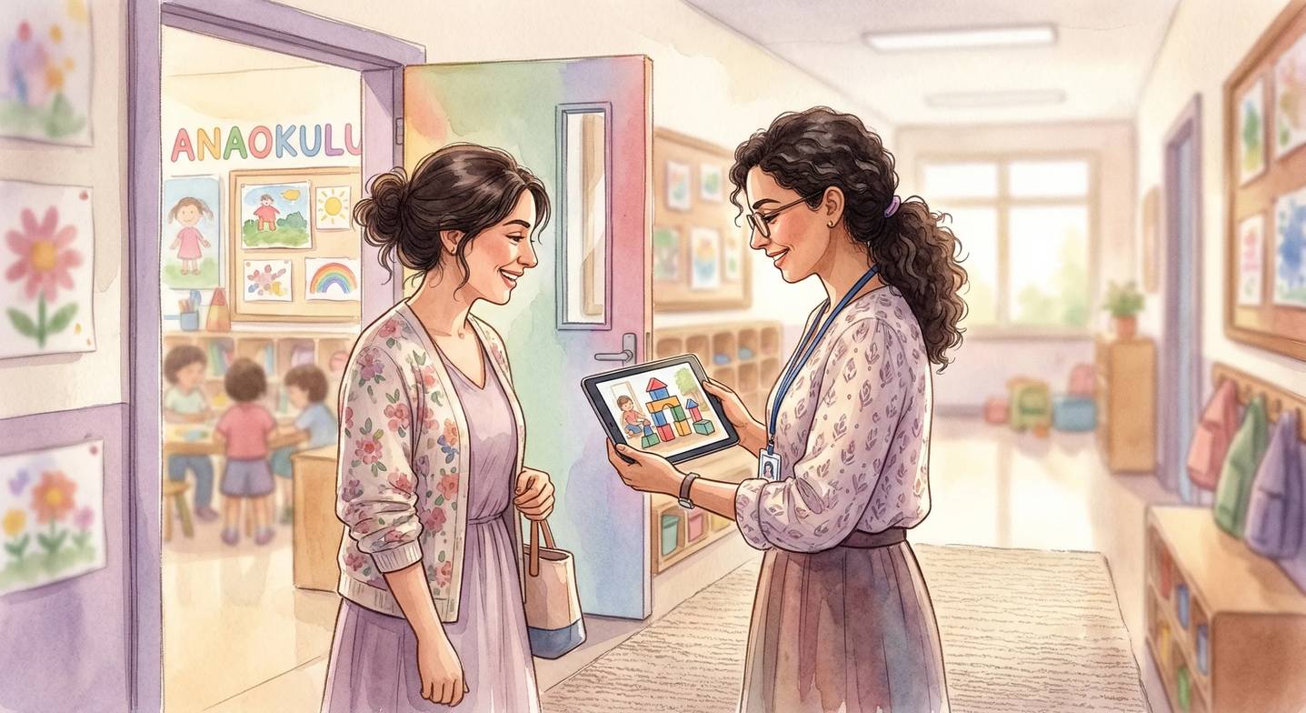 Bir öğretmen ve ebeveynin, çocuğun gelişimi hakkında okulda kısa bir görüşme yapması.