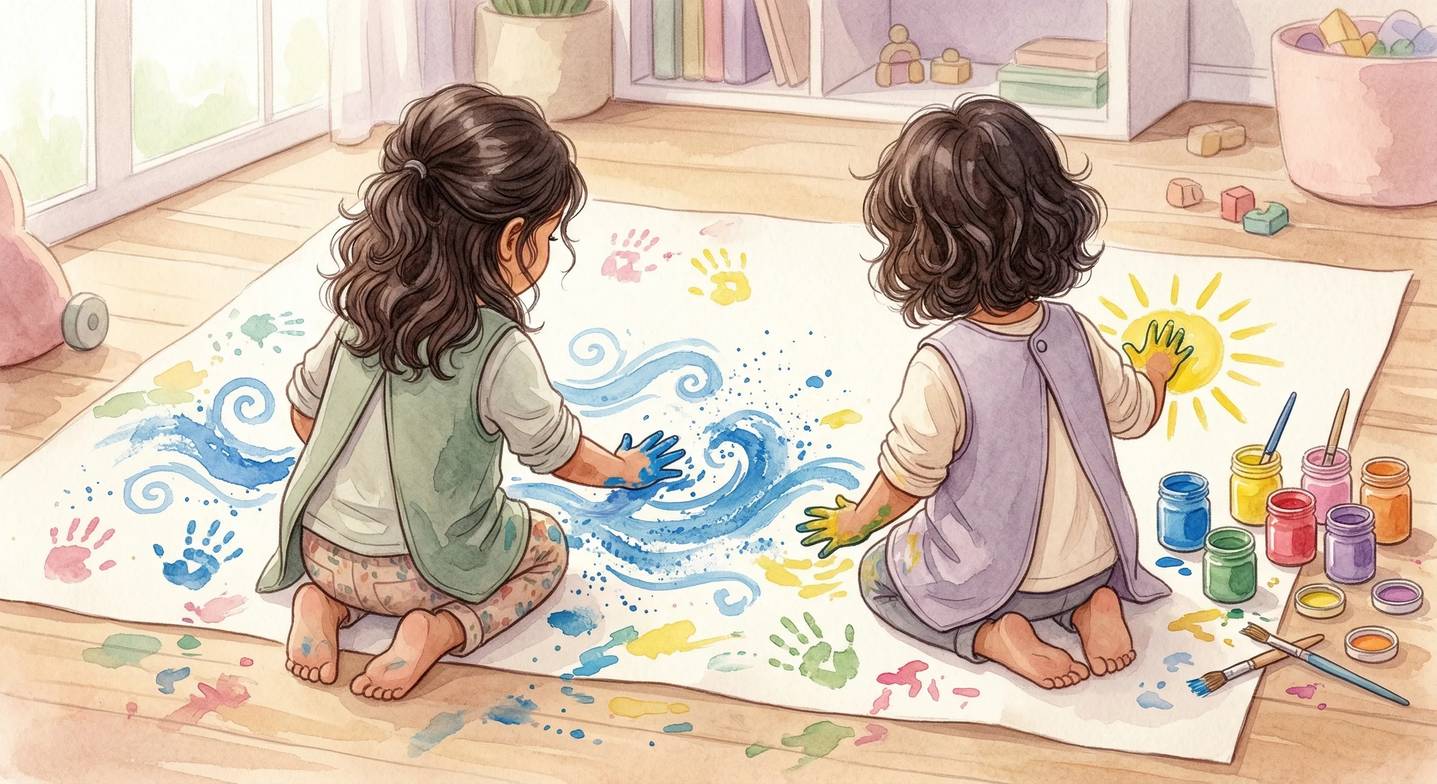 İki okul öncesi çocuğun birlikte büyük bir kağıda parmak boyasıyla resim yapması.