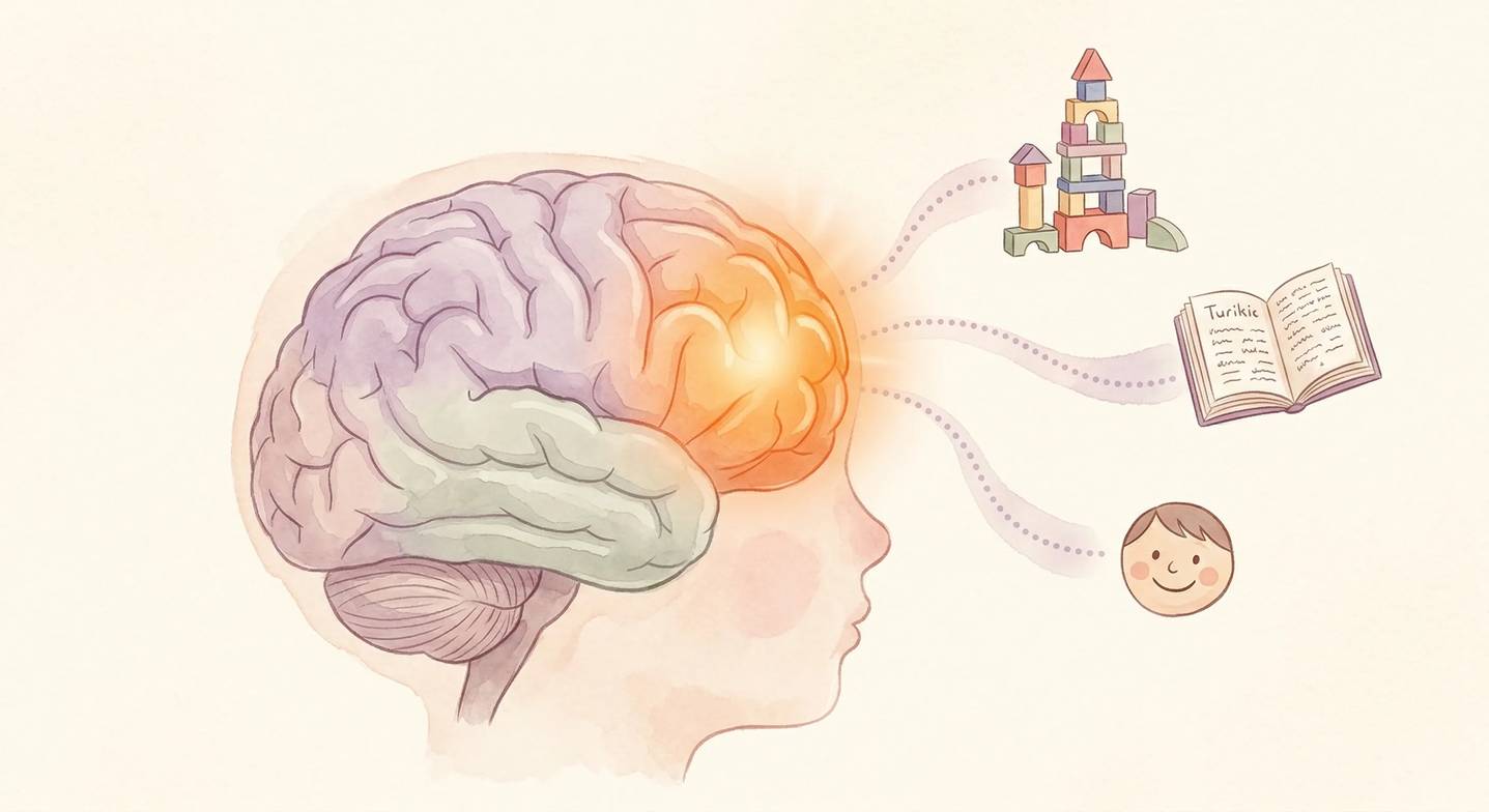 Oyun oynarken beynin prefrontal korteks bölgesinin aktifleşmesini gösteren kavramsal bir illüstrasyon.