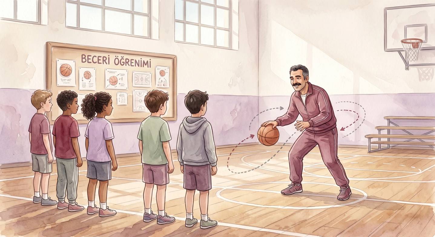 Bir grup çocuk basketbol antrenmanında top sürme çalışması yapıyor, koç yönerge veriyor.