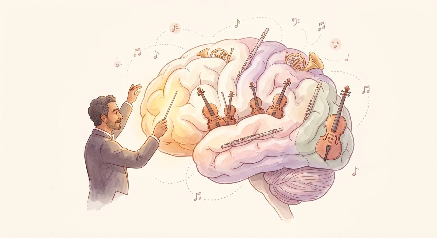 Bir orkestra şefi, farklı beyin bölgelerini temsil eden enstrümanları yönetiyor; prefrontal korteks parlak bir şekilde vurgulanmış.