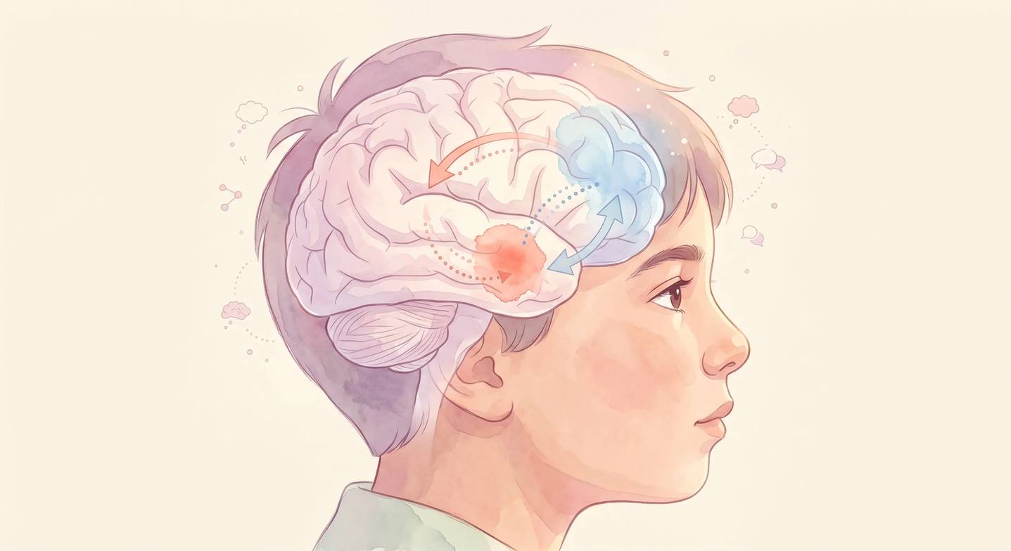 Çocuk beyninde mavi prefrontal korteks ve kırmızı amigdala arasında dengeyi gösteren oklar; duygusal kontrolün nöral temsili.