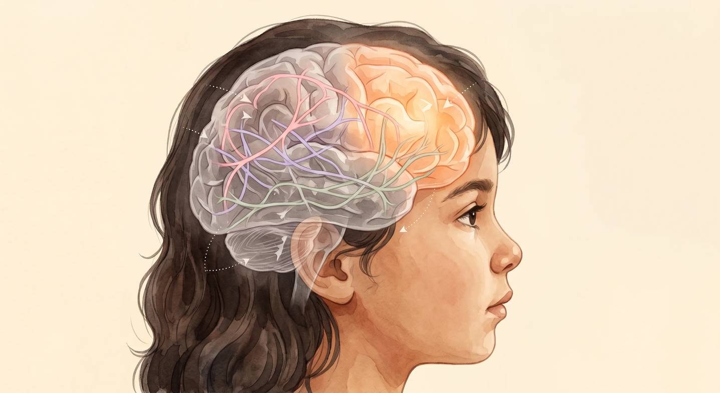 Çocuk beyninde prefrontal korteks ağlarının çok renkli iplikçiklerle gösterimi, farklı ağlar etiketlenmiş.